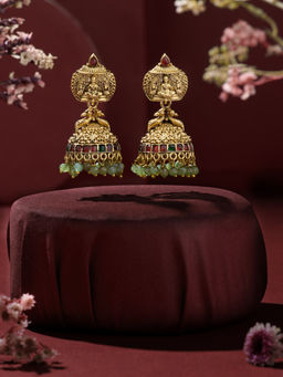 Zaveri Pearls - Green Pink Stones Beads Goddess Laxmi Temple Jhumka Earring