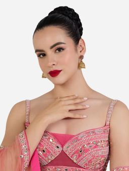Zaveri Pearls - Pink Green Stones Flower Dangling Beads Jhumka Earring