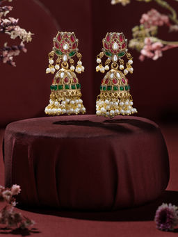 Zaveri Pearls - Pink Green Stones Lotus Design Dangling Pearls Jhumka Earring