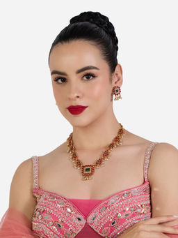 Zaveri Pearls - Pink Green Stones Lotus Design Beads Necklace & Earring Set