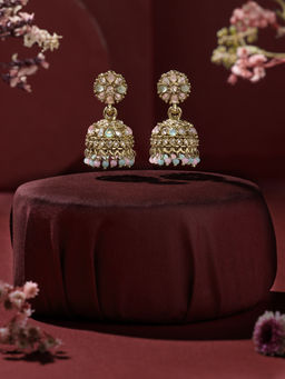 Zaveri Pearls - Pink Green Stones & Dangling Beads Embellish Jhumka Earring