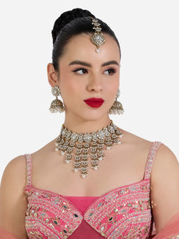 Zaveri Pearls - Antique Gold Tone Choker Necklace Earring & Maangtikka Set