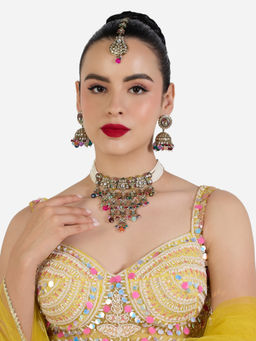 Zaveri Pearls - Multicolor Stones Beads Necklace Earring & Maangtikka Set