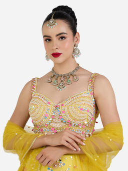 Zaveri Pearls - Pink Green Stones Beads Necklace Earring & Maangtikka Set