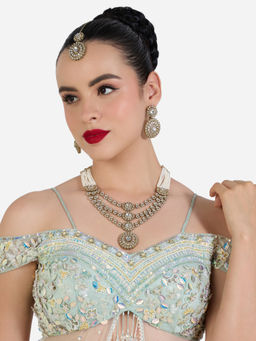 Zaveri Pearls - Antique Gold Tone Stones Necklace Earring & Maangtikka Set