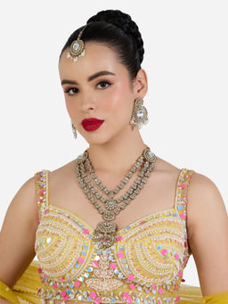 Zaveri Pearls - Antique Gold Tone Stones Necklace Earring & Maangtikka Set