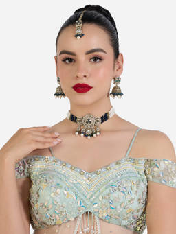Zaveri Pearls - Navy Blue Stones Beads Necklace Earring & Maangtikka Set