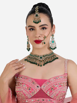 Zaveri Pearls - Green Stones Beads Necklace Earring Maangtikka Nose Ring Set