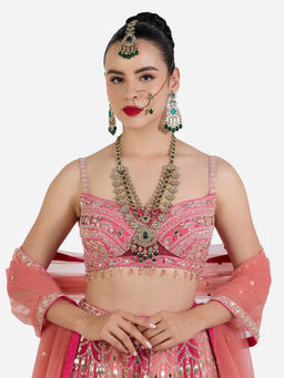 Zaveri Pearls - Green Stones Beads Necklace Earring Maangtikka Nose Ring Set