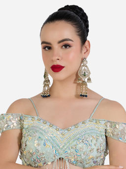 Zaveri Pearls - Green Blue Enamel Peacock Stones Chain Fringe Jhumka Earrings