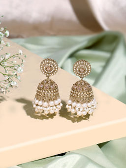 Zaveri Pearls - Antique Gold Stones Clustered Beads Embellish Jhumka Earrings