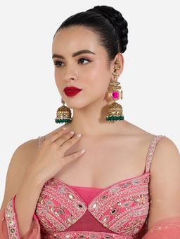 Zaveri Pearls - Pink Stone Green Beads Drop Statement EarChain Jhumka Earrings