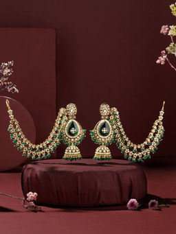 Zaveri Pearls - Green Stone Austrian Diamonds Beads Ear Chain Dangle Earrings