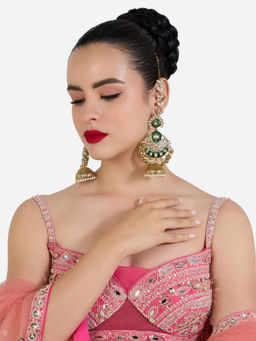 Zaveri Pearls - Green Meenakari Stones Beads Drop Ear Chain Jhumka Earrings