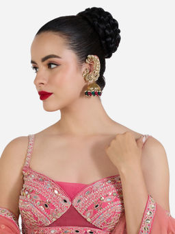 Zaveri Pearls - Green Pink Bead Drop Peacock Antique Ear Chain Jhumka Earrings