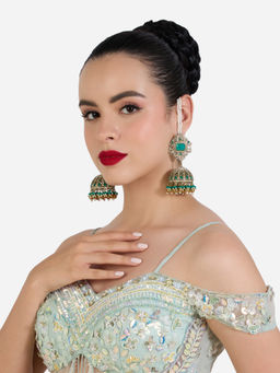 Zaveri Pearls - Green Stones Beads Drop Antique Ear Chain Jhumka Earrings