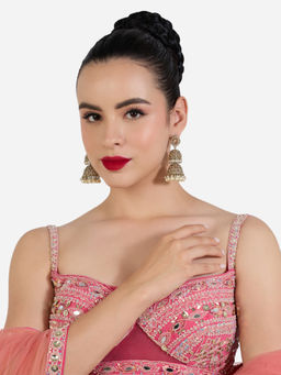 Zaveri Pearls - Champagne Dazzling Stones Beads Drop Layered Jhumka Earrings