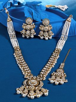 Zaveri Pearls - Gold Tone Stones Pearl Bridal Necklace Earring Maang Tikka Set-ZPFK22613