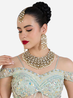 Zaveri Pearls - Gold Tone Stones Pearls Necklace Earring and Maang Tikka Set-ZPFK22617