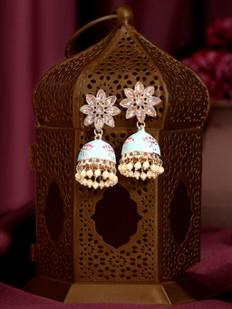 Zaveri Pearls - Blue Meenakari Lotus Stone Bead Jhumka Earrings