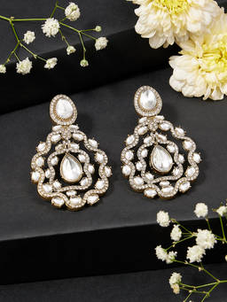 Zaveri Pearls - Antique Gold Tone Stones Diamonds Statement Dangle Earrings