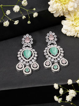 Zaveri Pearls - Mint Green And Pink Stones Embellished Ethnic Dangle Earrings
