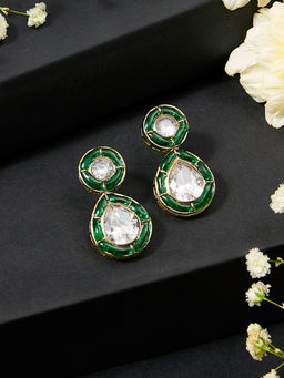 Zaveri Pearls - Dazzling Green Stones Embellished Fusion Style Drop Earrings