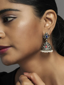 Divas Mantra - 92.5 Silver Oxidised Coral Roots Jhumka Earrings with Pearls and Coral