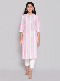 Aurelia - Pink Mandarin Collar Yarn-Dyed Kurta
