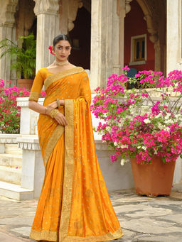 Odette - Mustard Vichitra Embroidered Saree with Unstitched Blouse