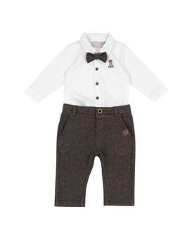 Chicco - Boys White-Brown Embroidered Shirt with Pant and Bow