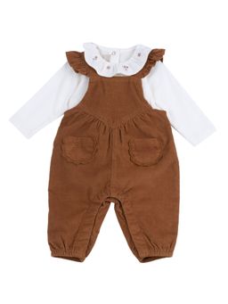Chicco - Girls Brown-White Embroidered Dungaree with Top