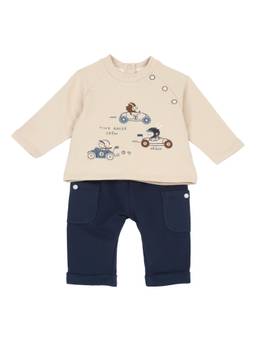 Chicco - Boys Beige-Navy Blue Embroidered T-shirt with Trouser