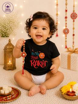 BLUSHES - Unisex Cotton Knit Its My First Rakhi Text Printed T-shirt - Black
