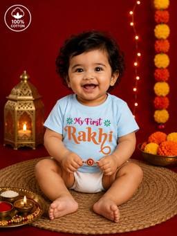 BLUSHES - Unisex Cotton Knit My First Rakhi Text Printed T-shirt - Blue