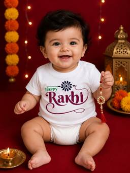 BLUSHES - Unisex Cotton Knit Happy Rakhi Text Printed T-shirt - White