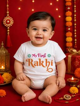 BLUSHES - Unisex Cotton Knit My First Rakhi Text Printed T-shirt - White