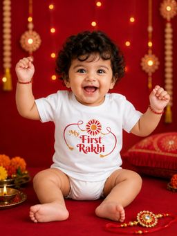 BLUSHES - Unisex Cotton Knit My First Rakhi Text Printed T-shirt - White