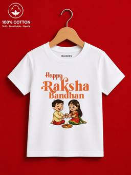 BLUSHES - Unisex Cotton Knit Happy Raksha Bandhan Graphic Printed T-shirt - White