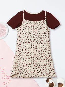 max - Girls Off White Floral Printed Pinafore Dress with T-shirt