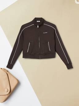max - Girls Brown Solid High-Neck Bomber Jacket