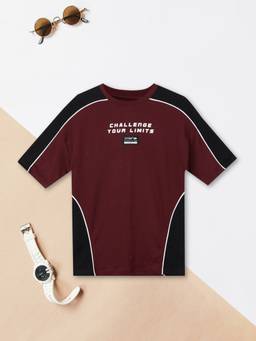 max - Boys Maroon Oversized Text Printed T-shirt