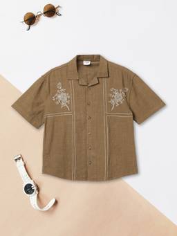 max - Boys Brown Embroidered Oversized Shirt