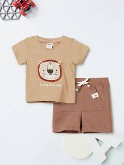 max - Boys Beige Embroidered T-shirt and Shorts