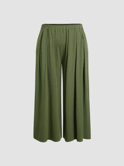 Cider - Solid Elastic Waist Pocket Wide Leg Pants Curve & Plus