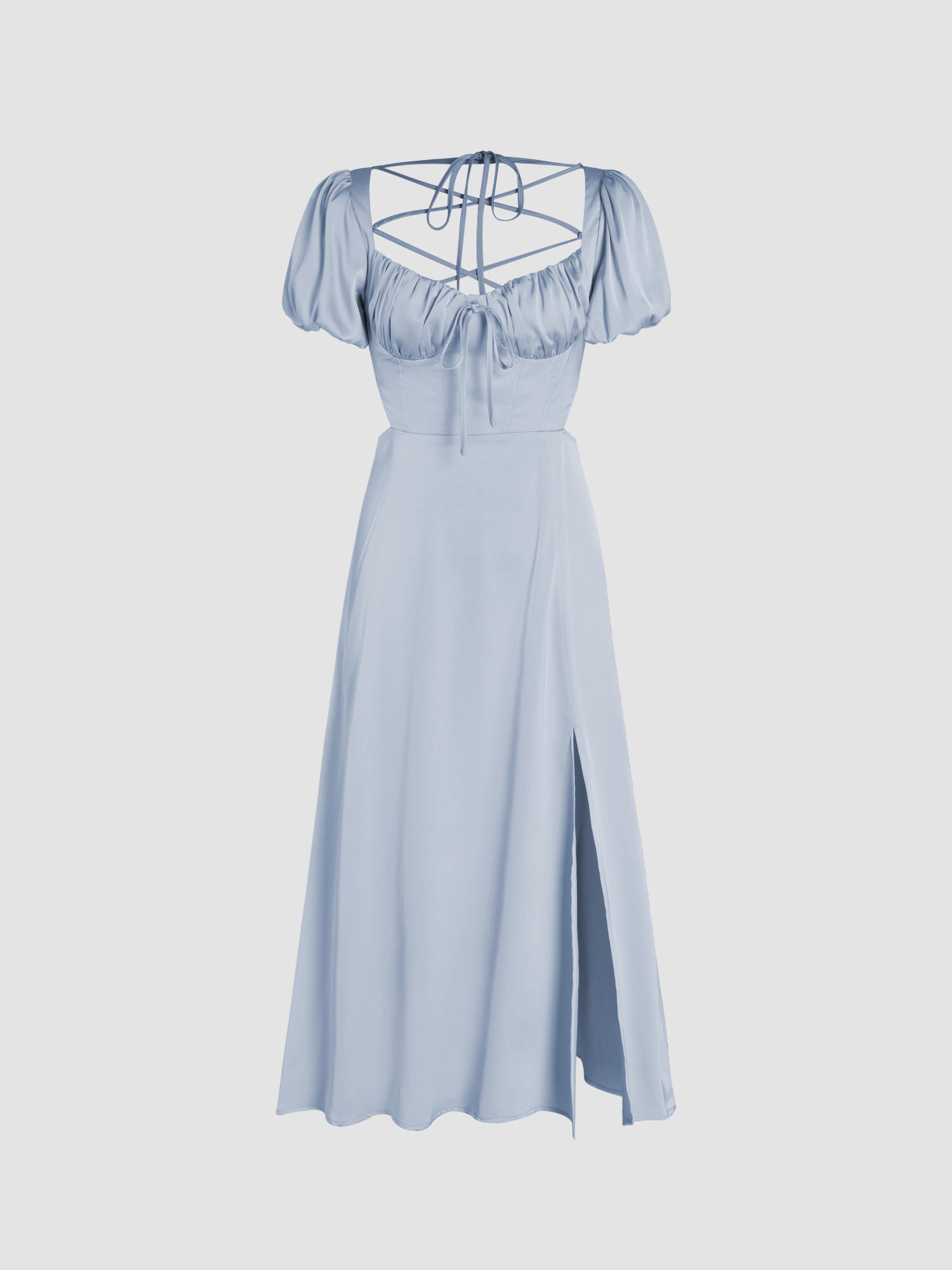 Satin Knotted Puff Sleeve Split Midi Dress
