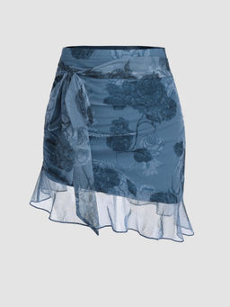 Cider - Chiffon High Waist Floral Knotted Mini Skirt