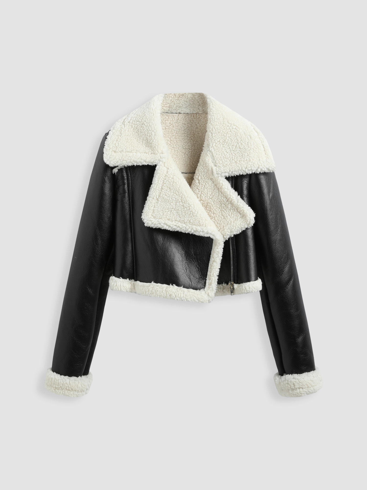 cider Fleece Drop Shoulder Zipper Biker Crop Jacket-picture-12