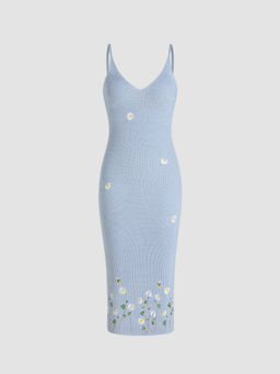 Cider - Knit V-neck Flower Graphic Embroidery Cami Midi Dress