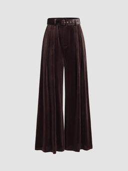 Cider - Velvet Mid Waist Pocket Wide Leg Trousers With Belt